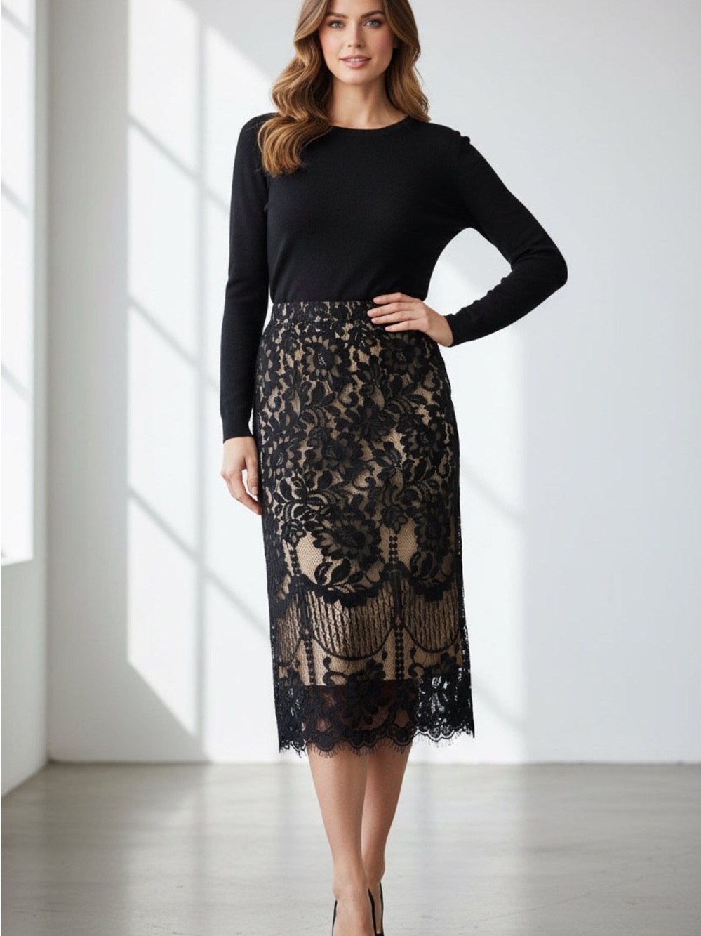 Source Unknown Black Lace Midi Skirt with Nude Lining